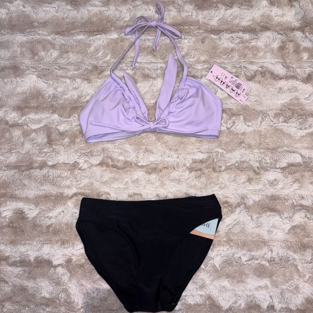 Wild Fable Bikini Set XS Lavender Tie Top + Shade & Shore Black Bottom
